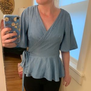 Denim Peplum Wrap Blouse